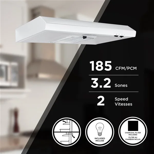 Hotte De Cuisine Sous-comptoir Convertible De 30 Po Blanche Par Aria Avec Filtre à Charbon 4 Hotte De Cuisine Sous-comptoir Convertible De 30 Po Blanche Par Aria Avec Filtre à Charbon – Image 2